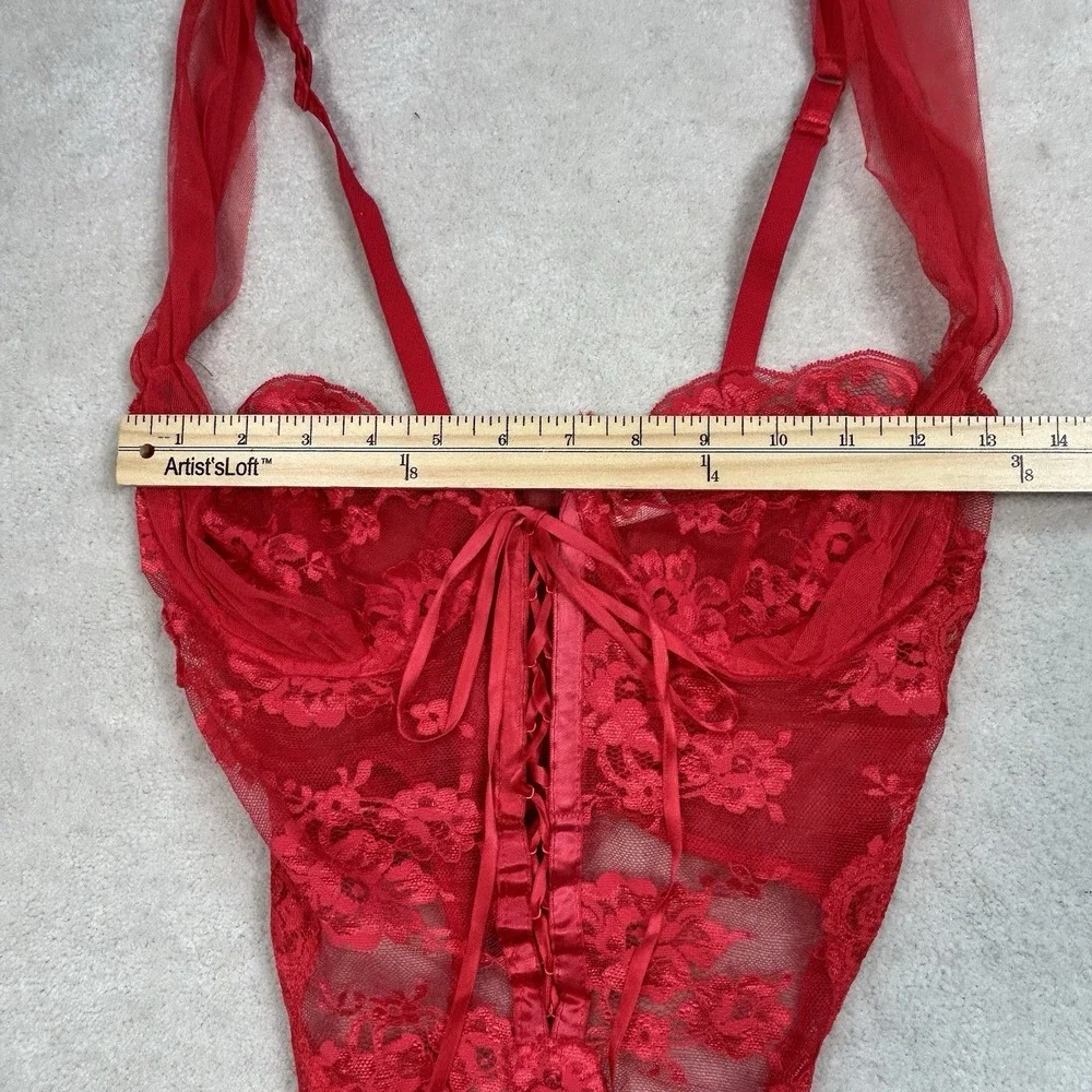 Victoria's Secret Vintage Gold Label Red Lace Sheer Teddy Size 34C Made In USA